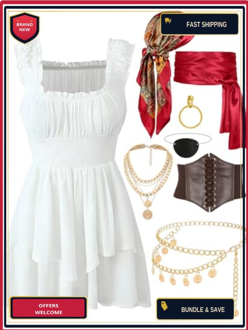Womens Pirate Costume 8PC Set Dress Corset Belt Sash Renaissance Halloween